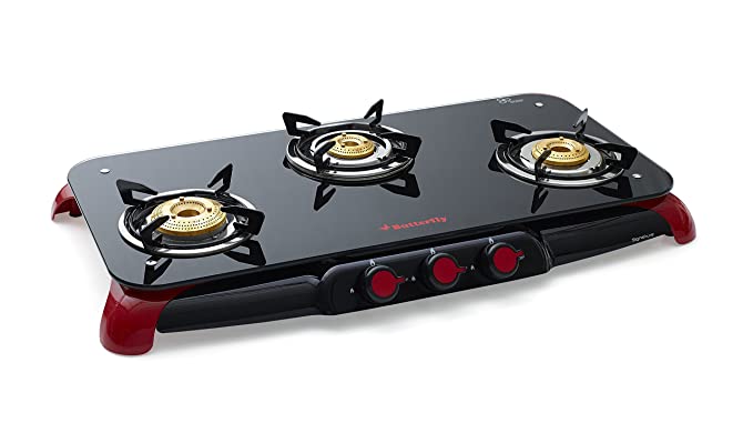 Butterfly Signature Glass Top 3 Burner Gas Stove, Manual Ignition, Black/Red Butterfly Signature Glass Top 3 Burner Gas Stove, Manual Ignition, Black/Red